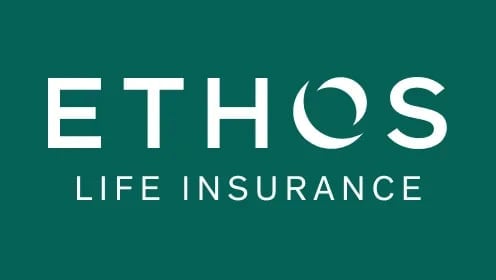ETHOS Life Insurance company logo on teal background with white text