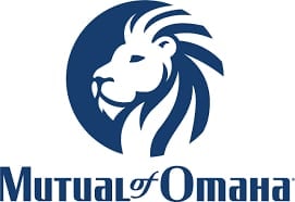 Mutual of Omaha logo featuring a white lion head on a dark blue circular background with company name text